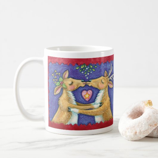 Schattige Kerst Rendieren, Romantische Kus met Mis Koffiemok (Met donut)