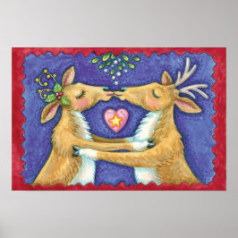 Schattige Kerst Rendieren, Romantische Kus met Mis Poster