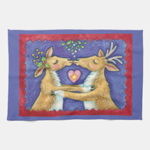 Schattige Kerst Rendieren, Romantische Kus met Mis Theedoek