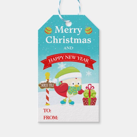 Schattige Kerst Rode Vogel in Kerstmannenhoed Kers Cadeaulabel (Voorkant)