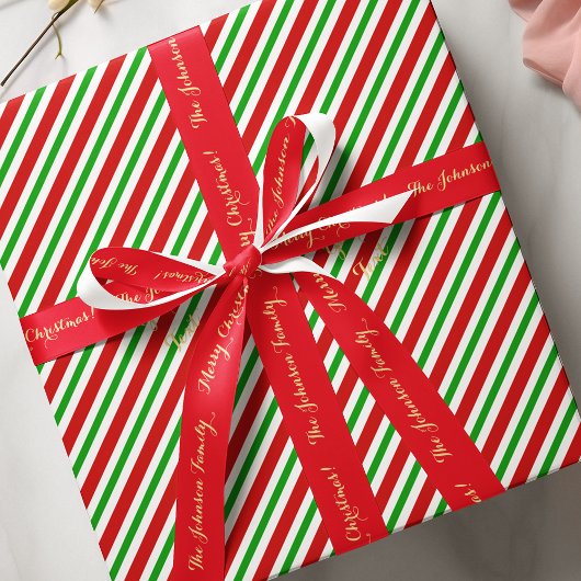 Schattige Kerst Rood Groen Wit Strepen Gouden Teks Cadeaupapier