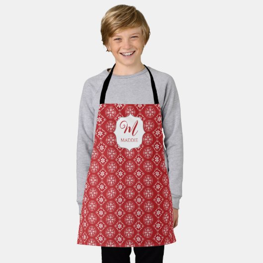 Schattige Kerst Rood Monogrammed Eenvoudige Sneeuw Schort (Gedragen)