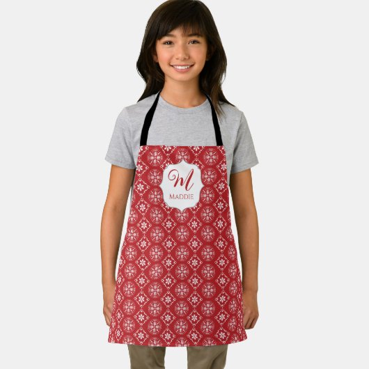 Schattige Kerst Rood Monogrammed Eenvoudige Sneeuw Schort (Insitu)