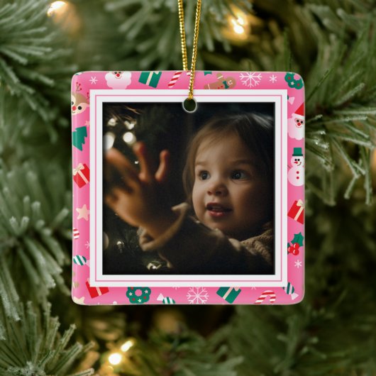 Schattige Kerst Roze Foto Lijst Keramisch Ornament (Boom)
