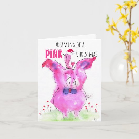 Schattige Kerst Roze Varkens Wenskaart Kaart (Gele Bloem)