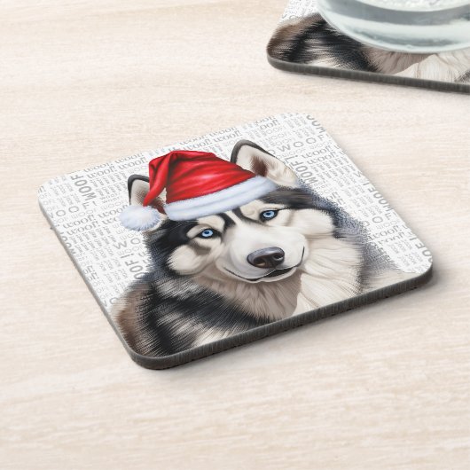 Schattige Kerst Siberische Husky Woof Word Art Bier Onderzetter (Linkerzijde)