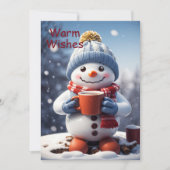 Schattige kerst sneeuwman genieten van warme choco feestdagenkaart (Voorkant)