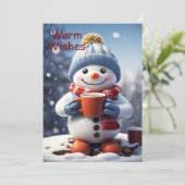 Schattige kerst sneeuwman genieten van warme choco feestdagenkaart (Staand voorkant)