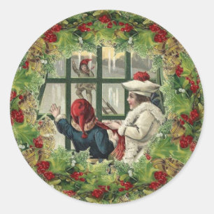 Schattige Kerst sticker Kinderen bij het raam