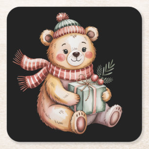 Schattige Kerst Teddybeer met Cadeau Kartonnen Onderzetters