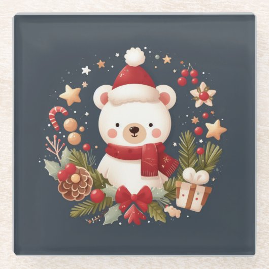 Schattige Kerst/Winter beer in krans Glazen Onderzetter (Voorkant)