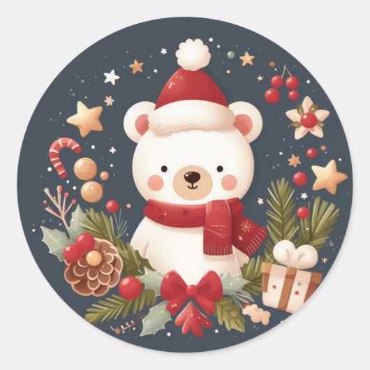 Schattige Kerst/Winter beer in krans Ronde Sticker (Voorkant)