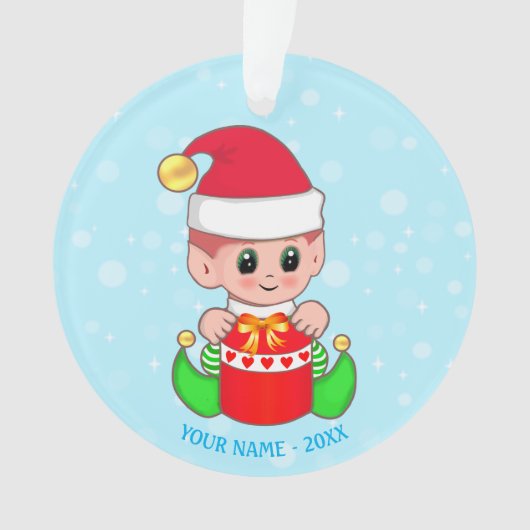 Schattige Kerstbaby-elf, aangepaste naam op lichtb Ornament (voorkant)