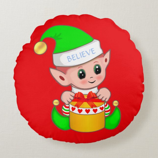 Schattige Kerstbaby-elf op Rood Rond Kussen (Voorkant)