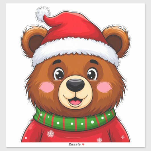 Schattige Kerstbeer Met Kerstman Hoed Sticker (Vel)
