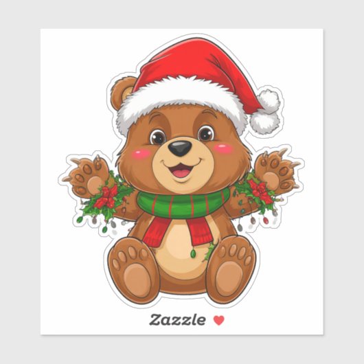 Schattige Kerstbeer Met Kerstmannenhoed Sticker (Vel)