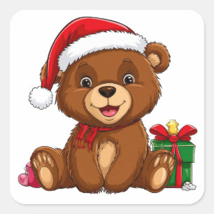 Schattige Kerstbeer Met Kerstmannenhoed Vierkante Sticker
