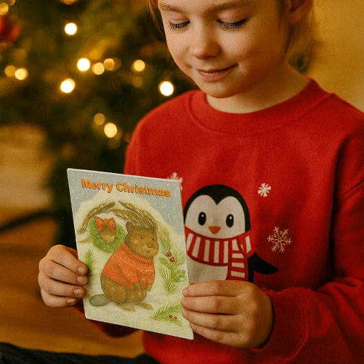 Schattige Kerstbever Kinderen Feestdagen Kaart