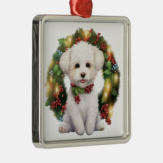 SCHATTIGE KERSTBICHON FRISE HONDENKRANS METALEN ORNAMENT (Rechts)