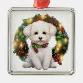 SCHATTIGE KERSTBICHON FRISE HONDENKRANS METALEN ORNAMENT (Voorkant)