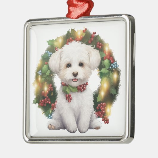 SCHATTIGE KERSTBICHON FRISE HONDENKRANS METALEN ORNAMENT (Links)