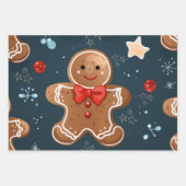 Schattige kerstblauw en rood peperkoekpatroon inpakpapier vel (Voorkant 3)