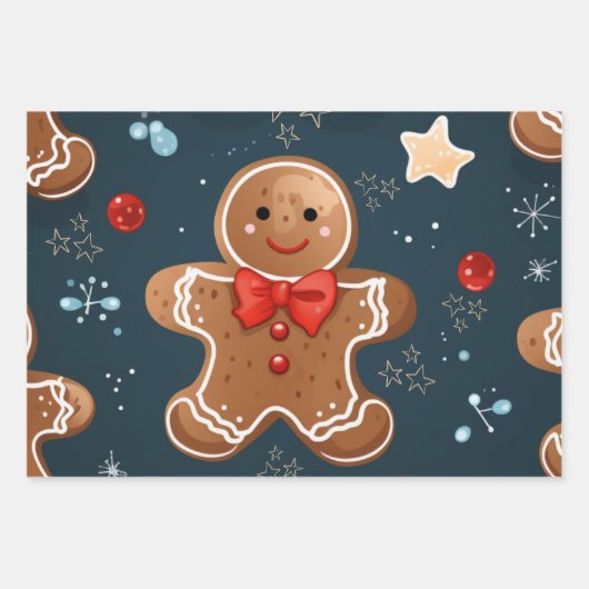 Schattige kerstblauw en rood peperkoekpatroon inpakpapier vel (Voorkant 3)