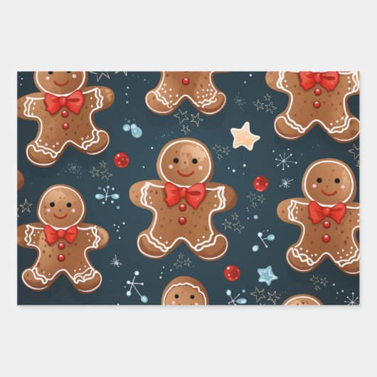 Schattige kerstblauw en rood peperkoekpatroon inpakpapier vel (Voorkant)