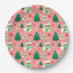 Schattige kerstbomen, kousen, sterrenpatroon papieren bordje
