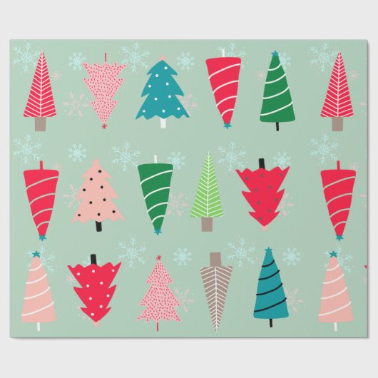 Schattige kerstbomen pastelgroene sneeuwvlokken cadeaupapier (Vlak)
