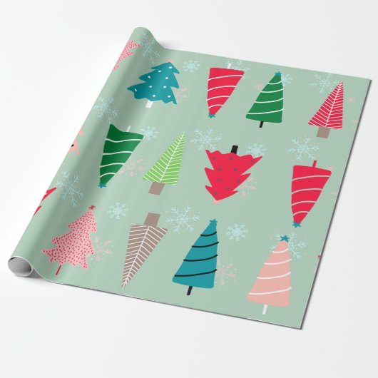 Schattige kerstbomen pastelgroene sneeuwvlokken cadeaupapier (Uitgerold)