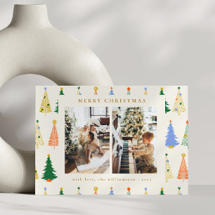 Schattige Kerstbomen Rood Groen Boho Drie Foto Feestdagenkaart