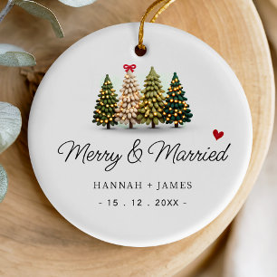 Schattige kerstbomen voor gehuwden op één foto keramisch ornament
