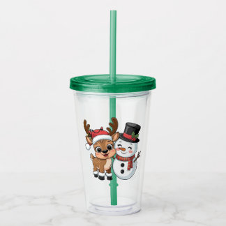 Schattige Kerstelandreendieren & Sneeuwman Acryl Drinkbeker