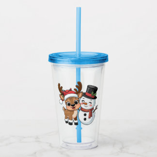 Schattige Kerstelandreendieren & Sneeuwman Acryl Drinkbeker