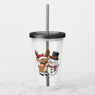 Schattige Kerstelandreindeer & Sneeuwman Acryl Drinkbeker