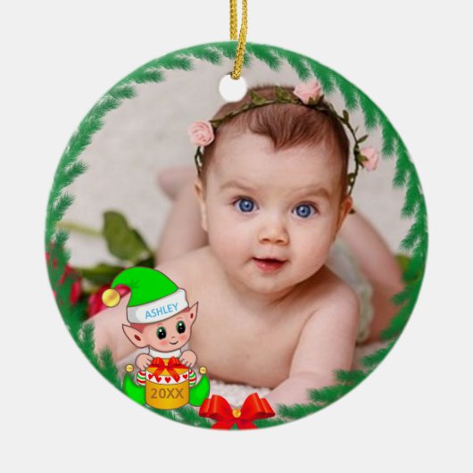 Schattige Kerstelf & Aangepaste Foto Keramisch Ornament (Voorkant)