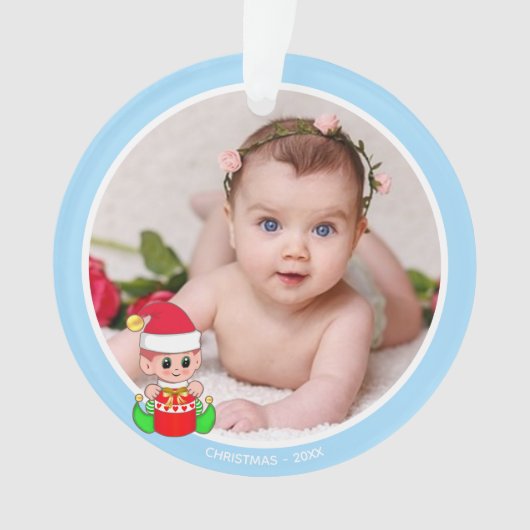 Schattige Kerstelf & Aangepaste Foto op Lichtblauw Ornament (voorkant)
