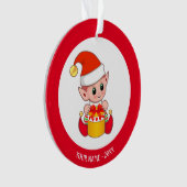 Schattige Kerstelf, Aangepaste Naam op Rood & Wit Ornament (voorkant)