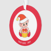 Schattige Kerstelf, Aangepaste Naam op Rood & Wit Ornament (voorkant)