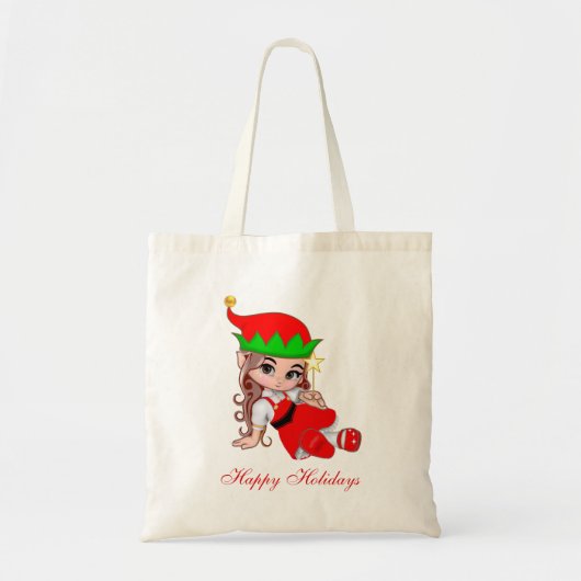 Schattige Kerstelf & Bewerkbare Tekst Tote Bag (Voorkant)