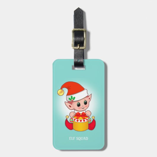 Schattige Kerstelf & Cadeau Doos op Teal Bagagelabel (Voorkant verticaal)