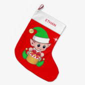 Schattige Kerstelf & cadeaudoos op rood Grote Kerstsok (Voorkant (Hangend))