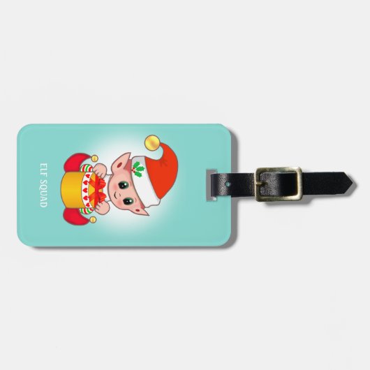 Schattige Kerstelf & Cadeausdoos op Teal Bagagelabel (Voorkant horizontaal)