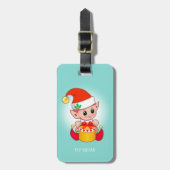 Schattige Kerstelf & Cadeausdoos op Teal Bagagelabel (Voorkant verticaal)