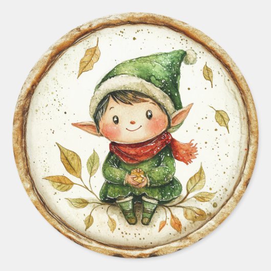 Schattige Kerstelf Faux Was Ronde Sticker (Voorkant)