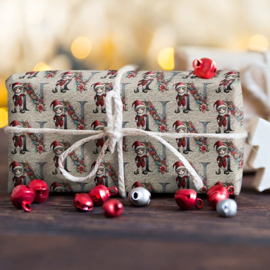 Schattige Kerstelf Feestelijke Letter N Cadeaupapier