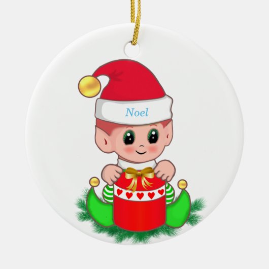 Schattige Kerstelf & Geschenkdoos Keramisch Ornament (Voorkant)