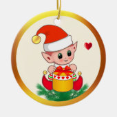 Schattige Kerstelf & Harten Keramisch Ornament (Voorkant)