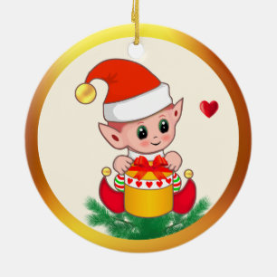 Schattige Kerstelf & Harten Keramisch Ornament